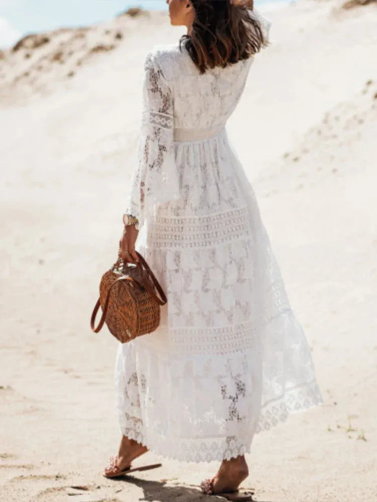 2024 Retro Boho Lace Maxi Dress White Wedding Boho Dress