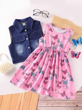 2pcs/Set Girls' Denim Vest & Butterfly Allover Print Dress, Cute Outfits For Outdoor Activities