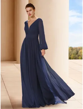 A-Line Mother of the Bride Dress Wedding Guest Elegant V Neck Floor Length Chiffon Long Sleeve with Ruching Solid Color