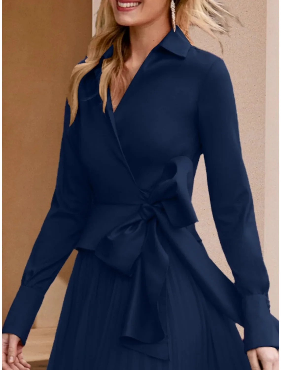 A-Line Mother of the Bride Dress Wedding Guest Elegant V Neck Floor Length Stretch Chiffon Long Sleeve with Bow(s) Ruching Solid Color