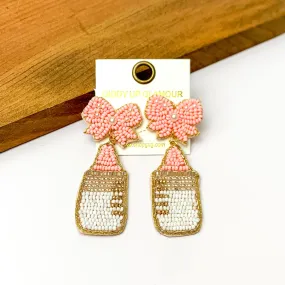 Baby Pink and White Beaded Bottle Earrings with Pink Bow Studs