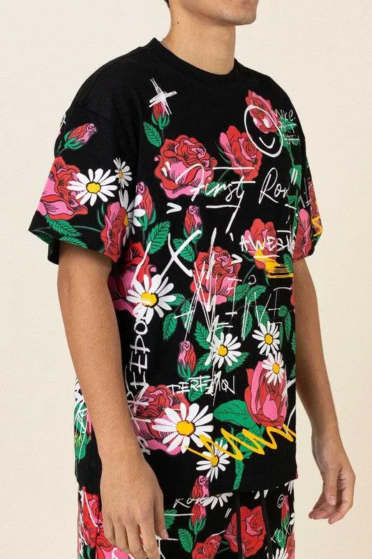 Black Allover Rose Bloom Print Tee Shirt