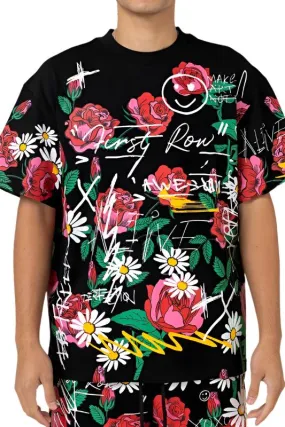 Black Allover Rose Bloom Print Tee Shirt