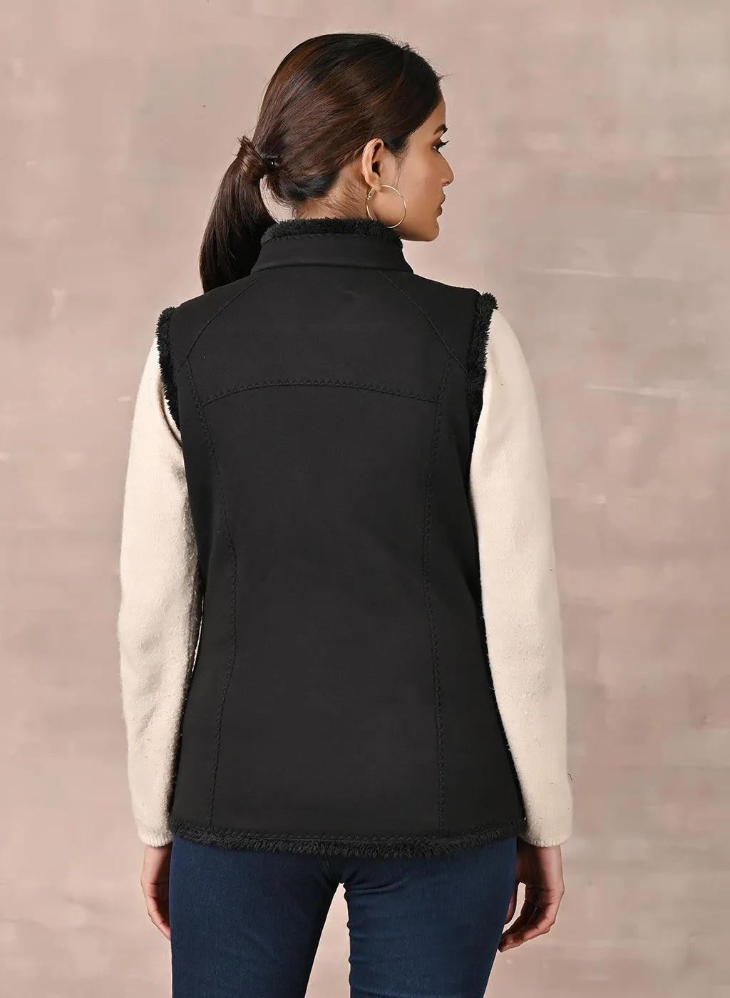 Black Sleeveless Jacket with Fur Detail