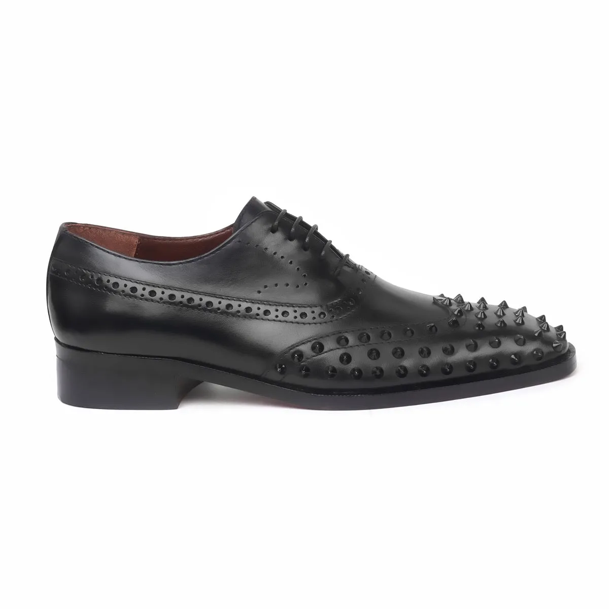 Black Studded Toe Long Tail Whole Cut One Piece Brogue Oxford Lace-up Shoes by Brune & Bareskin