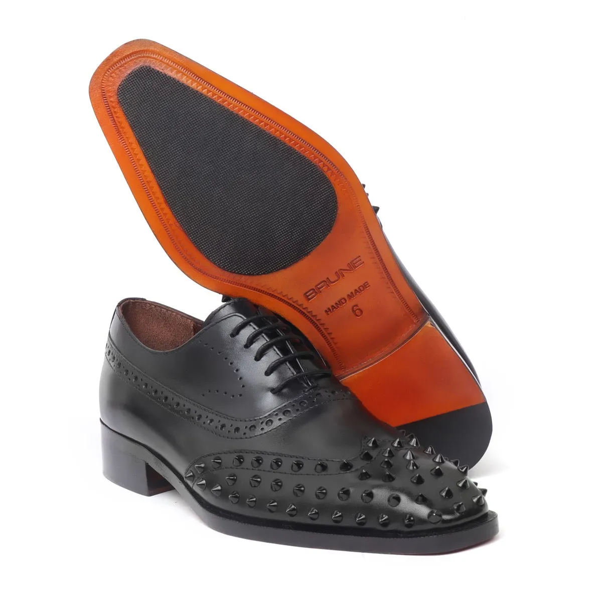 Black Studded Toe Long Tail Whole Cut One Piece Brogue Oxford Lace-up Shoes by Brune & Bareskin