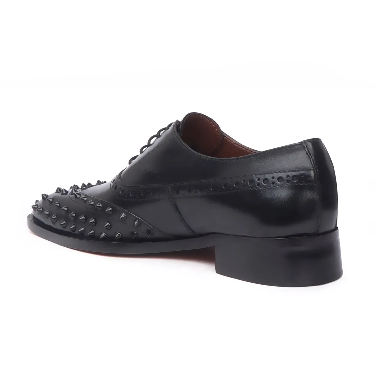 Black Studded Toe Long Tail Whole Cut One Piece Brogue Oxford Lace-up Shoes by Brune & Bareskin