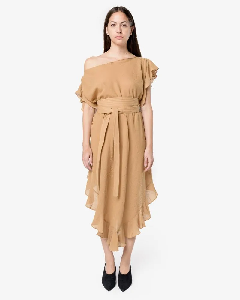 Convertible Ruffle Kaftan Dress with Obi Belt in Ecru