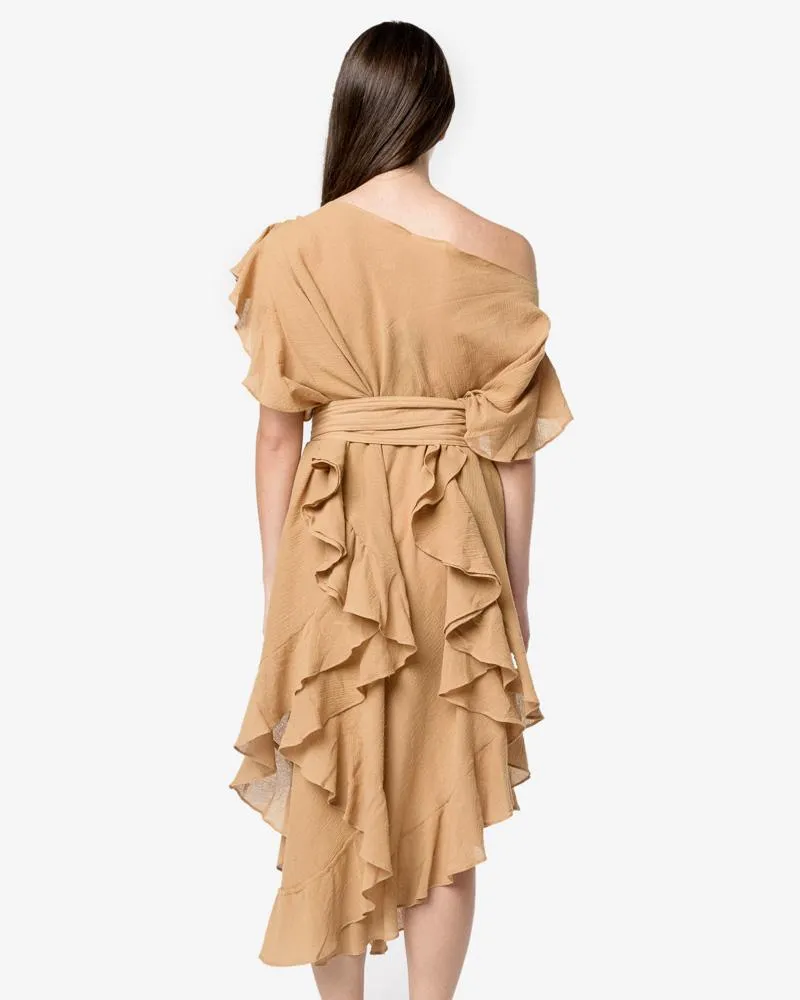 Convertible Ruffle Kaftan Dress with Obi Belt in Ecru