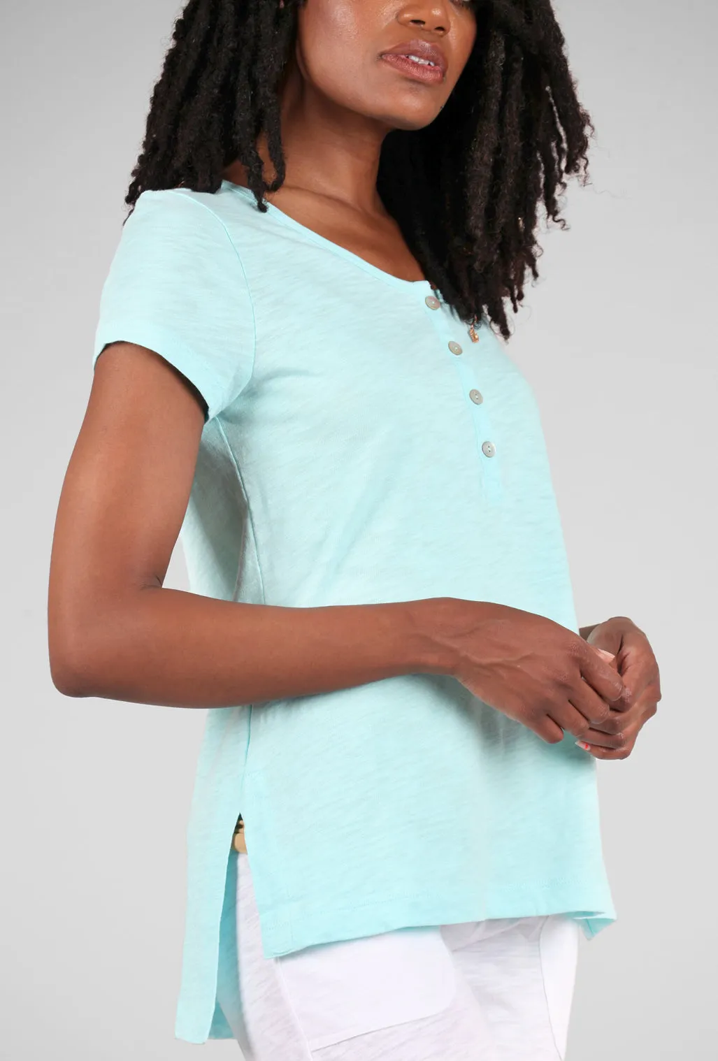 Cotton Slub Henley Tee, Aqua