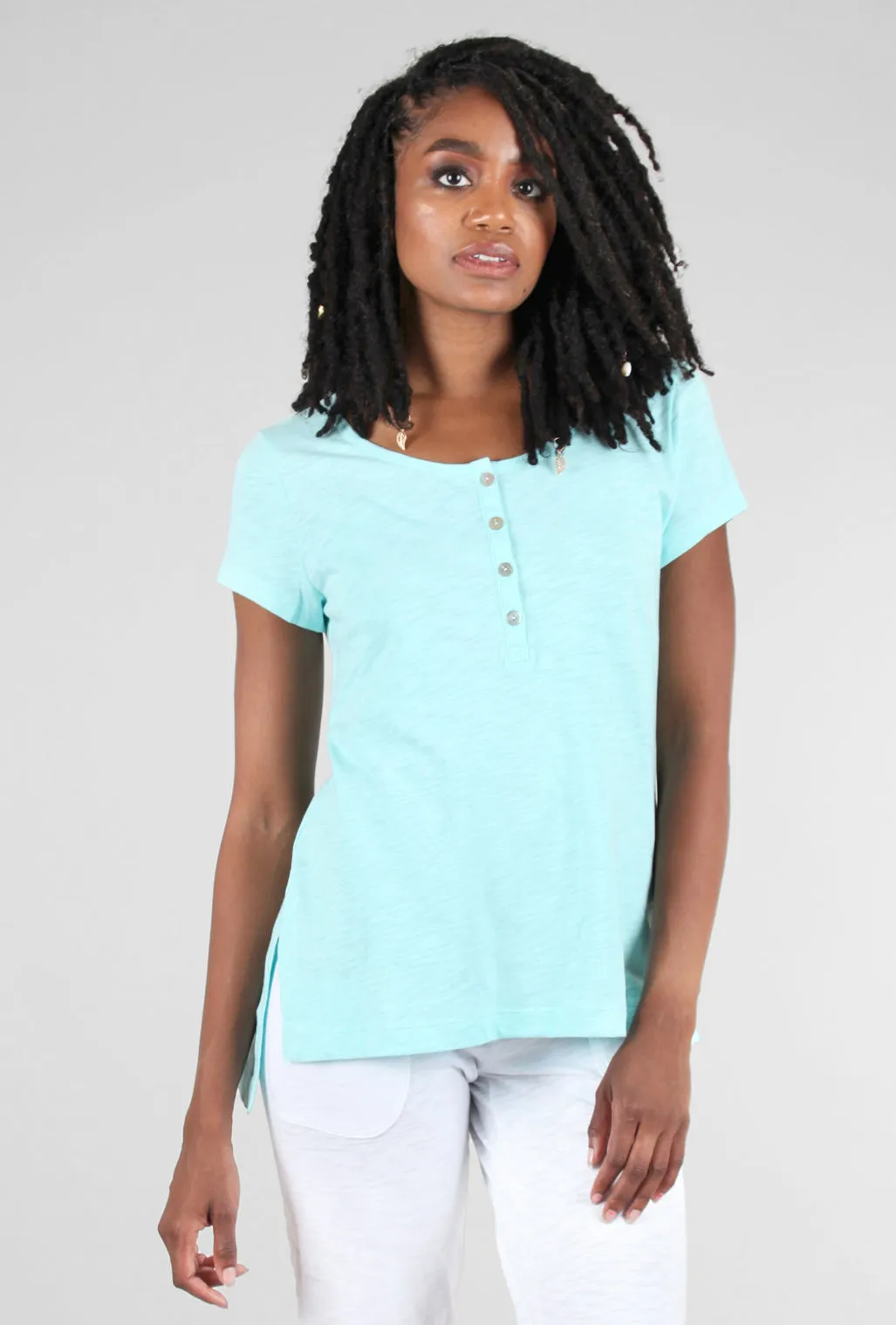 Cotton Slub Henley Tee, Aqua