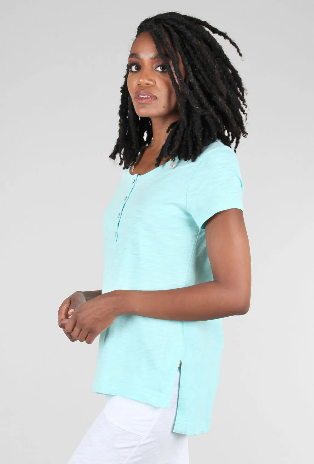 Cotton Slub Henley Tee, Aqua