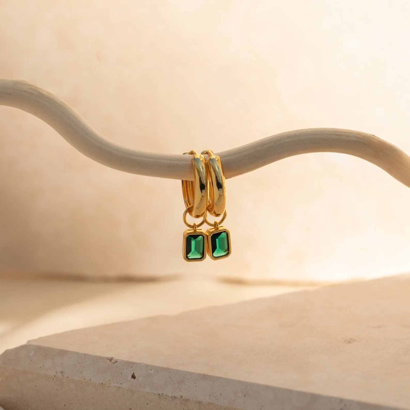 Dangling Emerald Birthstone Hoops