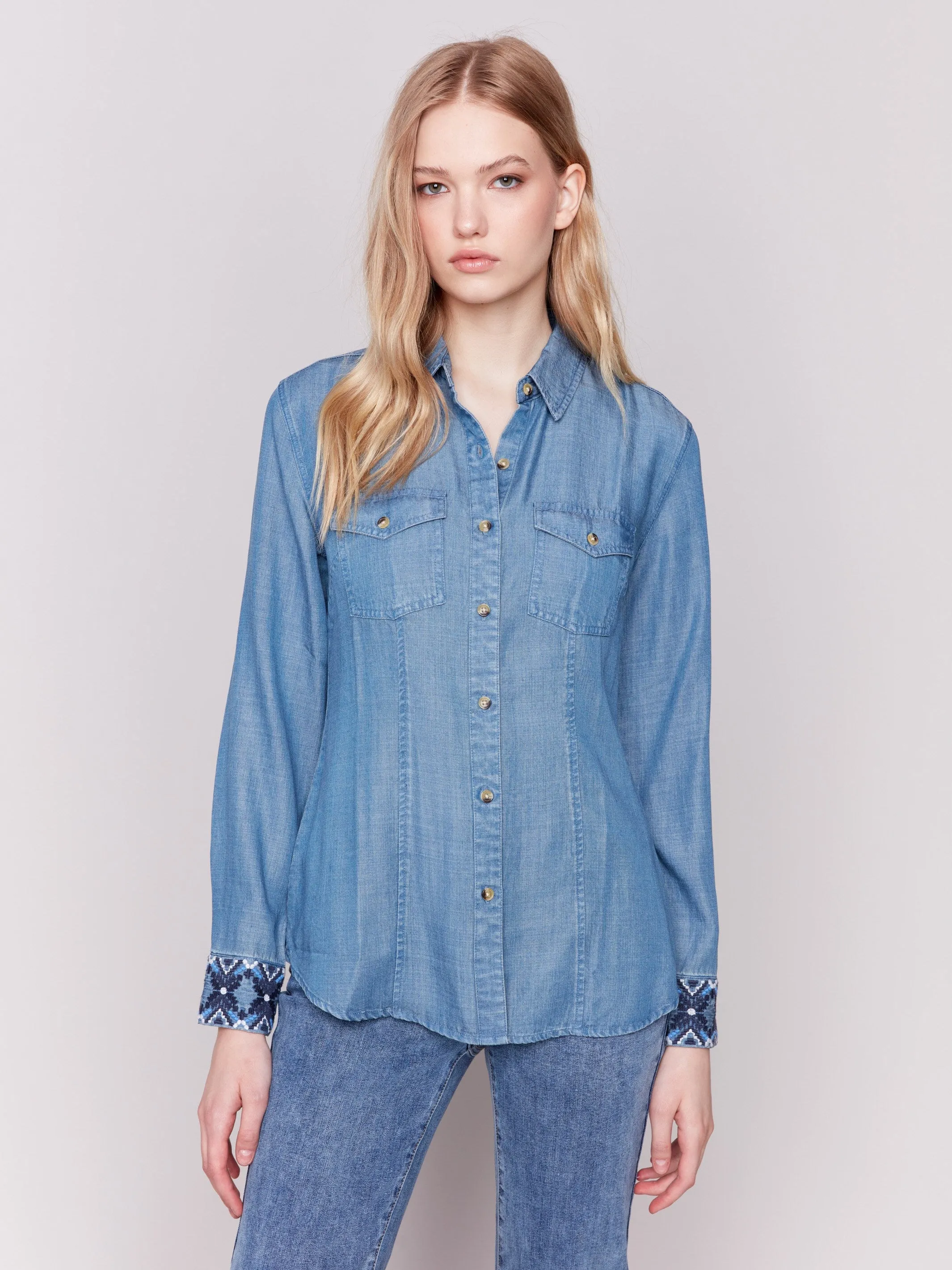 Embroidered Cuff Tencel Shirt - Denim