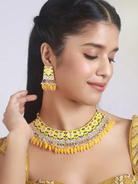 Gold-Plated Yellow Meenakari & Pearl Beaded Choker Jewellery Set