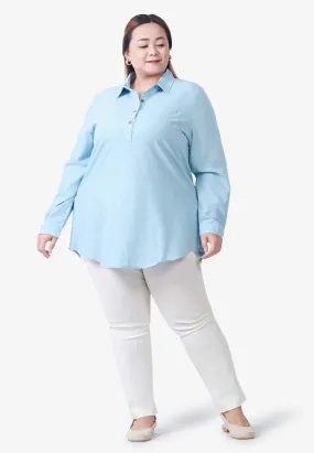 Hadele Half Button Denim Blouse - Light Blue