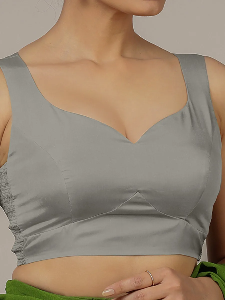 Ishika x Rozaana | Grey Sleeveless FlexiFit™ Saree Blouse with Beetle Leaf Neckline and Back Cut-out with Tie-Up