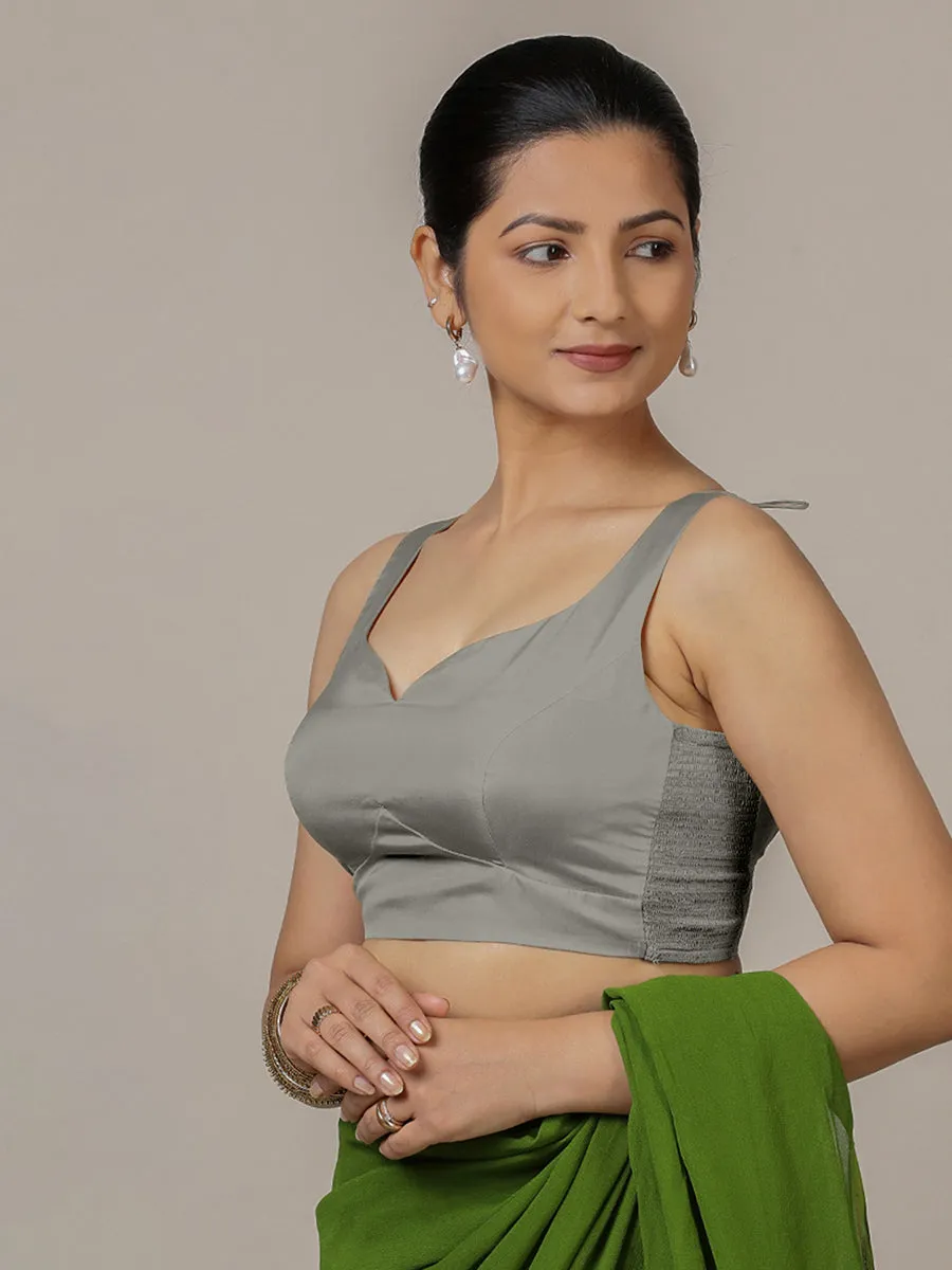 Ishika x Rozaana | Grey Sleeveless FlexiFit™ Saree Blouse with Beetle Leaf Neckline and Back Cut-out with Tie-Up