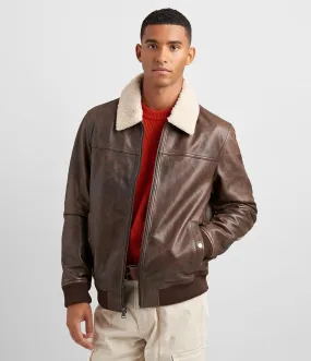 Leather Aviator Bomber With Detachable Faux Fur