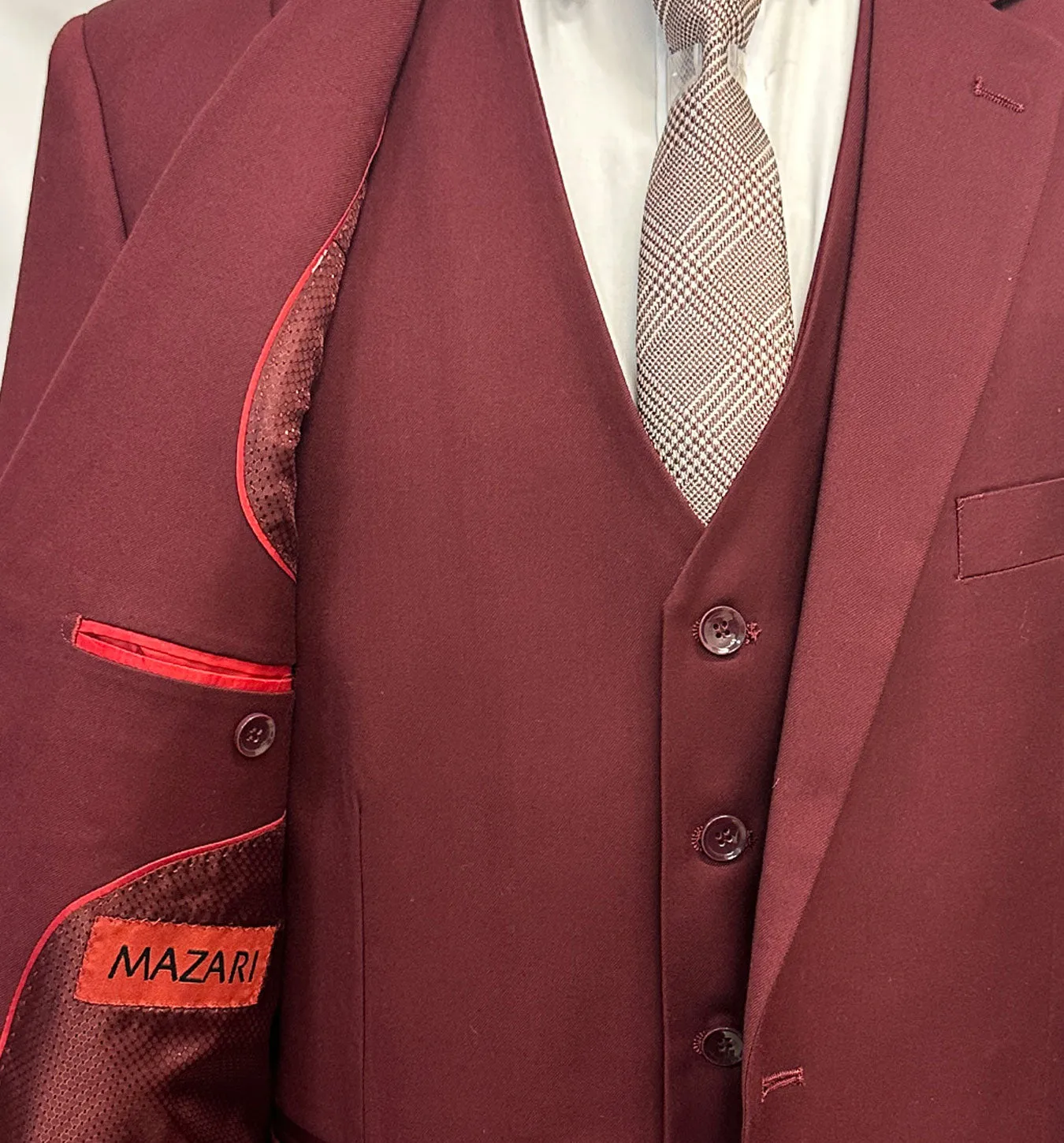 Mazari Modern Fit Vested Suit - Burgundy 1501