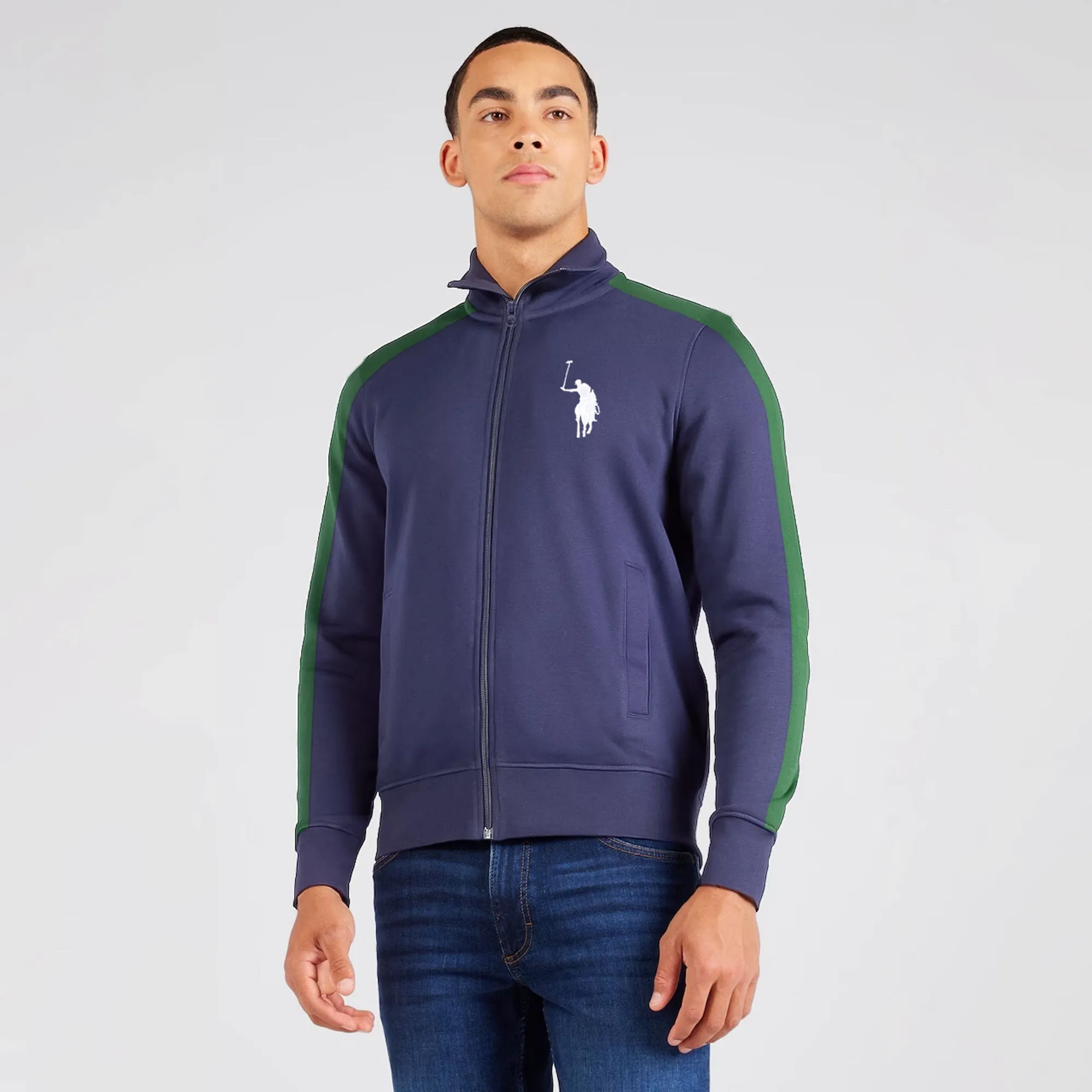 Polo Republica Men's Big Pony Embroidered Contrast Shoulder Fleece Zipper Jacket