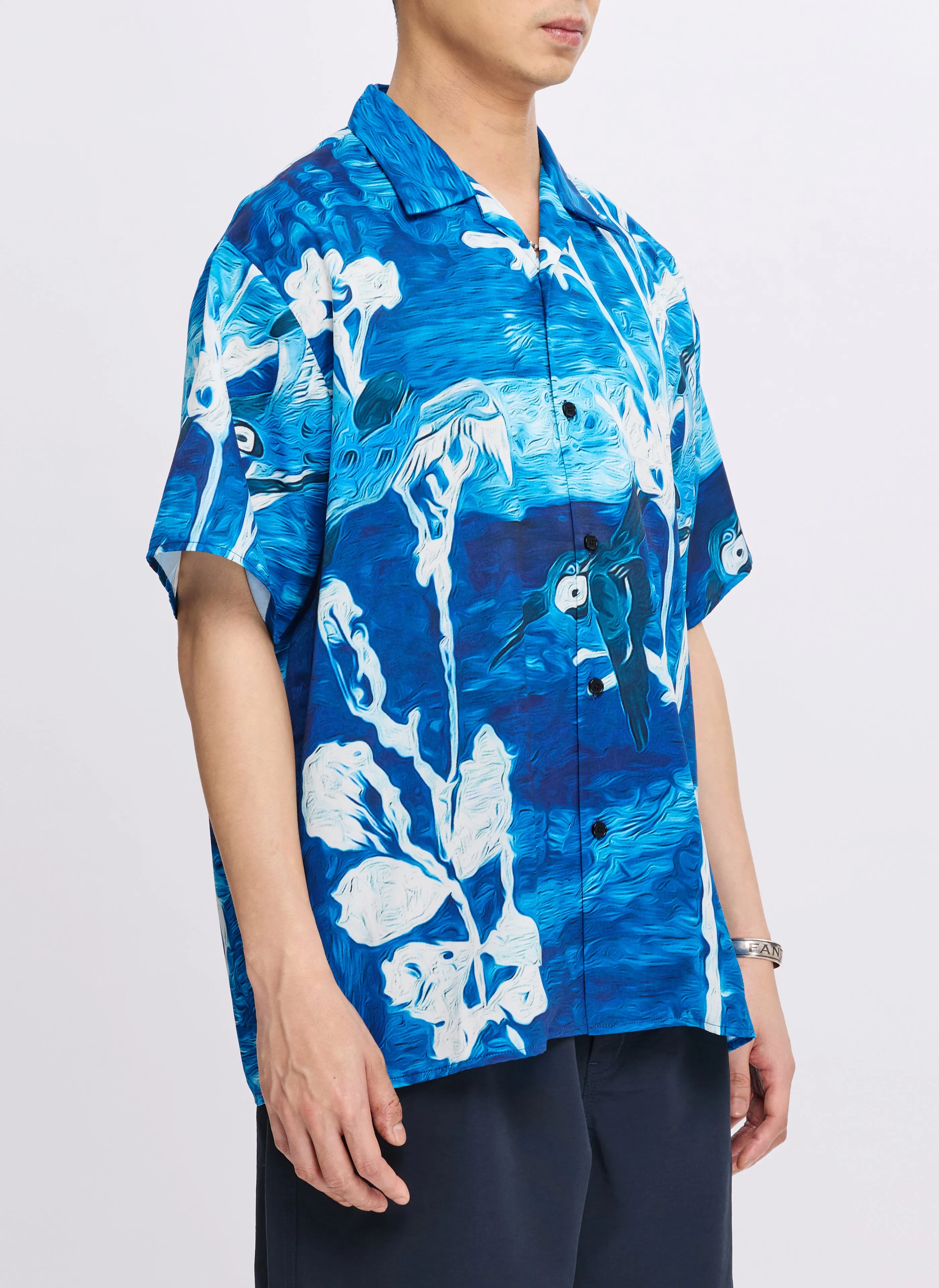 Polyester Indigo Oriental Short Sleeves Open Collar Shirt