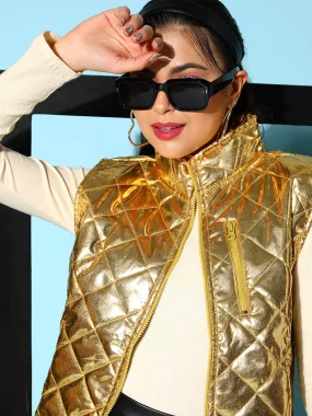 Women Gold Metallic Sleeveless Puffer Jacket