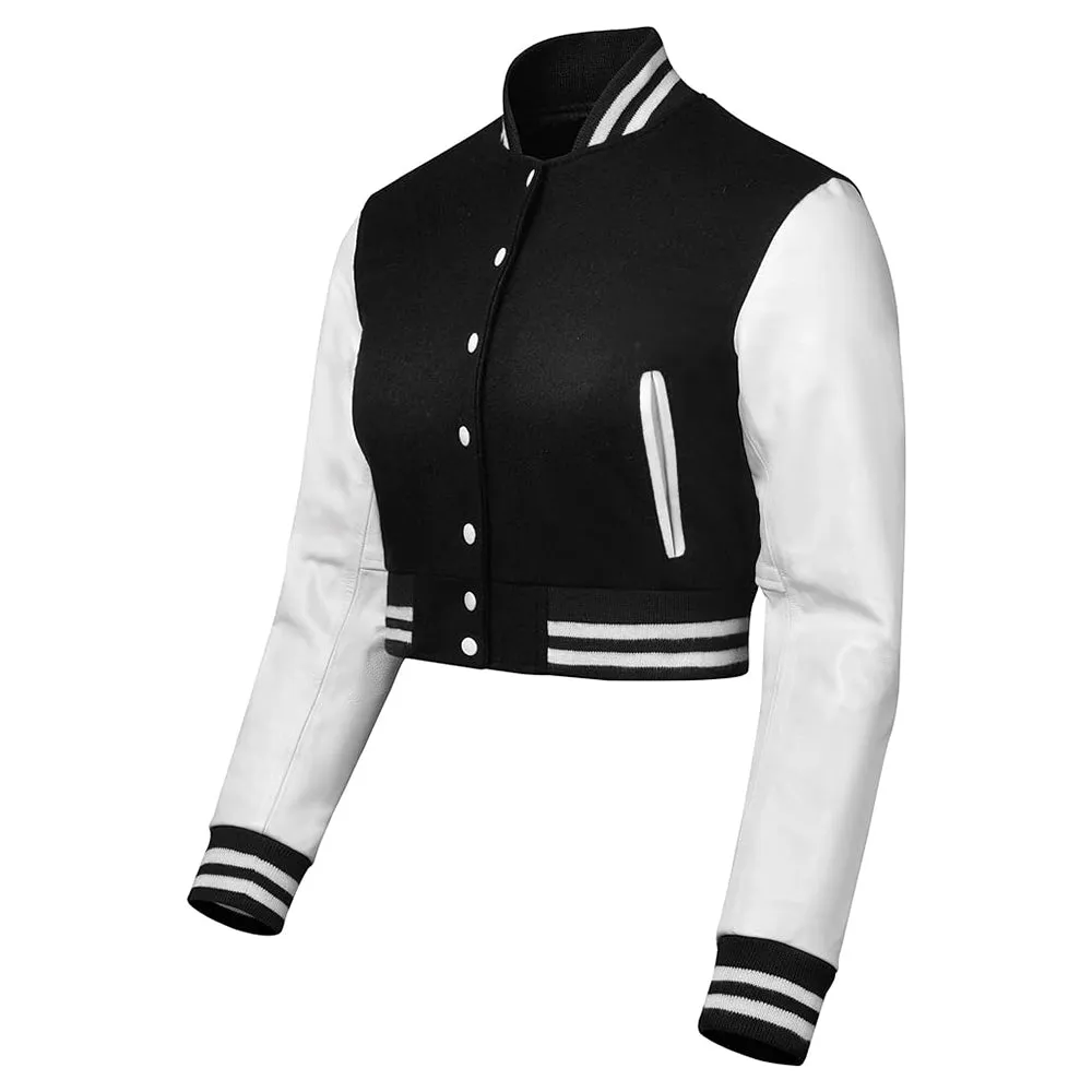 Women's Baseball White Cropped Slim Fit Varsity Jacket