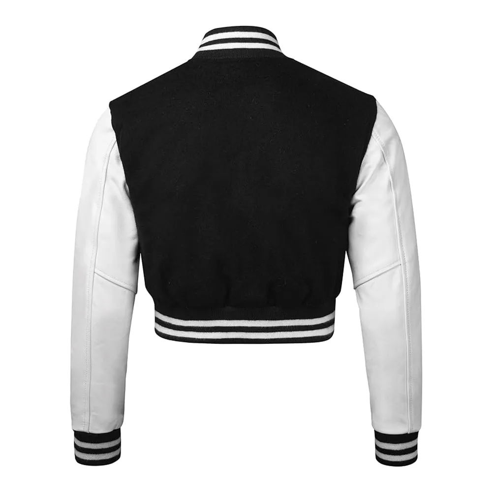 Women's Baseball White Cropped Slim Fit Varsity Jacket